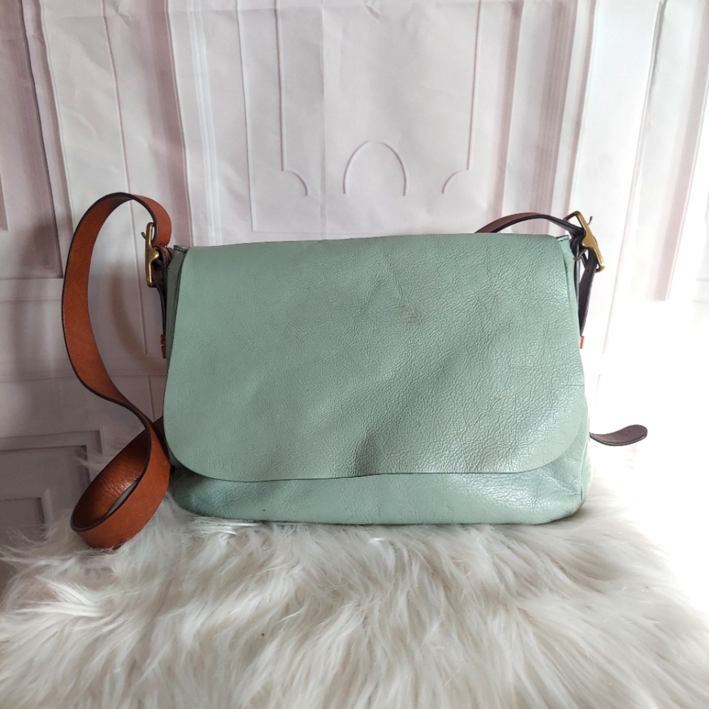 Fossil Harper Leather Mint Green Flap Crossbody Purse Handbag